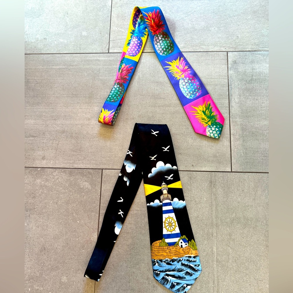 Men’s Colorful Ties: 2 fun designs! Psychedelic pineapples & Nautical Lighthouse